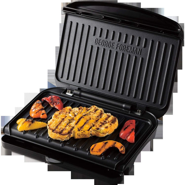 George Foreman Medium Electric Fit Grill [Non stick, Healthy, Griddle, Toastie, Hot plate, Panini, BBQ, Energy saving, Vertical storage, Easy clean, Drip tray, Ready to cook light] Black, 1630W 25810