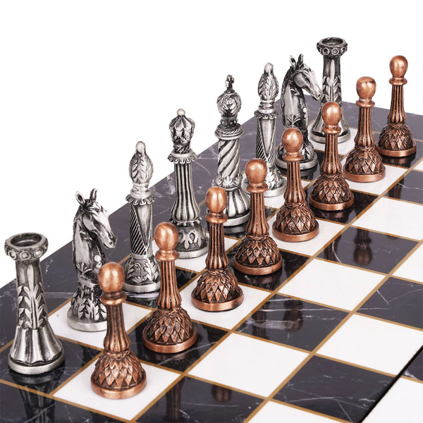 Retro Metal Chess Set for Adults – 15 Inch Marbling Chess Board with Chess Pieces – Travel Chess Set with Metal Pieces – Folding Chessboard – Ideal for Beginners and Professional Players