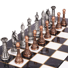 Retro Metal Chess Set for Adults – 15 Inch Marbling Chess Board with Chess Pieces – Travel Chess Set with Metal Pieces – Folding Chessboard – Ideal for Beginners and Professional Players