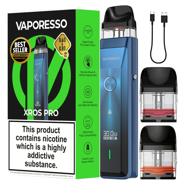 Vaporesso Xros Pro Pod Vape Kit [Blue] - Available in 9 Colours - 1200mAh Battery, 2A Fast Charging (35 Min), 30W Output, First Super Pulse Pod - Works with all XROS Pods - No Nicotine