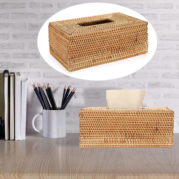 BSTKEY Rectangular Rattan Woven Tissue Paper Cover, Household Decorative Tissue Holder Cover Napkin Dispenser Organizer, Facial Tissue Box Cover for Home Office