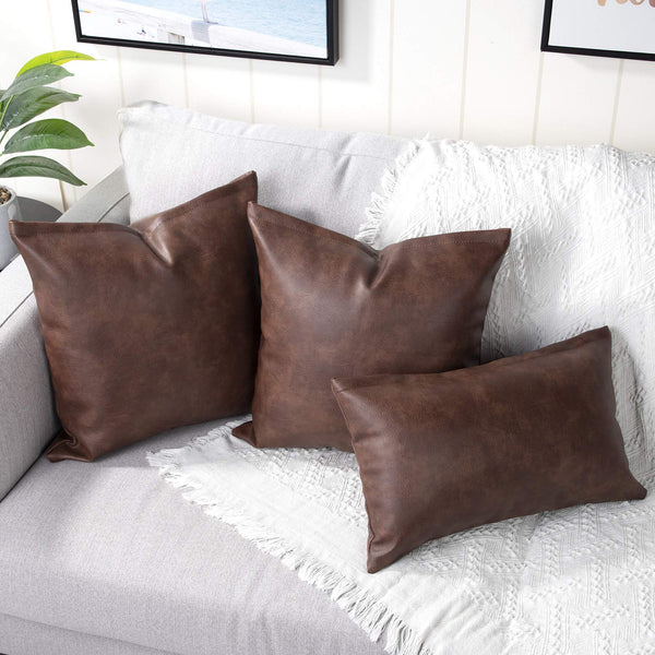 YAERTUN Set of 2 Lumbar Faux Leather Decorative Throw Pillow Covers Modern Solid Outdoor Cushion Covers Cases Luxury Pillowcases for Couch Sofa Bed 12x20 Inches Dark Brown