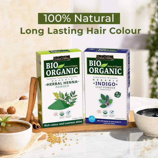 INDUS VALLEY Bio Organic 100% Pure Indigo Powder & Herbal Henna Powder Hair Color Combo Kit for Natural Hair Dyeing - Black, Indigo - 100 gm Each, Without Preservatives