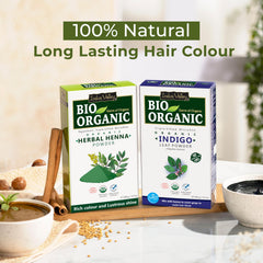 INDUS VALLEY Bio Organic 100% Pure Indigo Powder & Herbal Henna Powder Hair Color Combo Kit for Natural Hair Dyeing - Black, Indigo - 100 gm Each, Without Preservatives