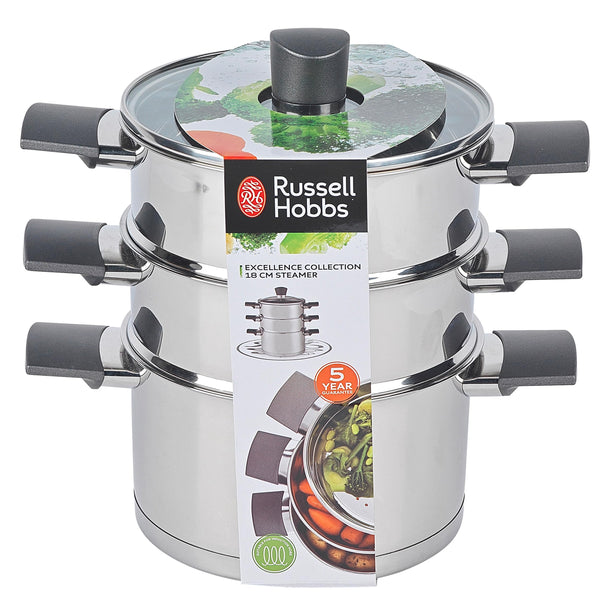 Russell Hobbs RH01170EU Excellence 3 Tier Steamer – 18 cm Cooking Pots with Tempered Glass Lid, Non-Stick Coating, Stainless Steel, Vegetable Steaming Pan, Induction Suitable, Soft Touch Handles