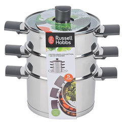 Russell Hobbs RH01170EU Excellence 3 Tier Steamer – 18 cm Cooking Pots with Tempered Glass Lid, Non-Stick Coating, Stainless Steel, Vegetable Steaming Pan, Induction Suitable, Soft Touch Handles