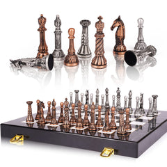 Retro Metal Chess Set for Adults – 15 Inch Marbling Chess Board with Chess Pieces – Travel Chess Set with Metal Pieces – Folding Chessboard – Ideal for Beginners and Professional Players