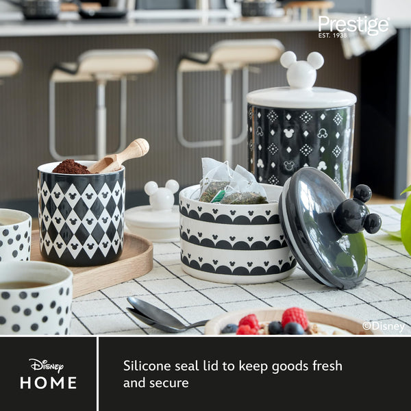 Prestige Disney Monochrome Mickey Mouse Kitchen Canisters Set of 3 - Airtight Ceramic Storage Jars With Lids, Black & White