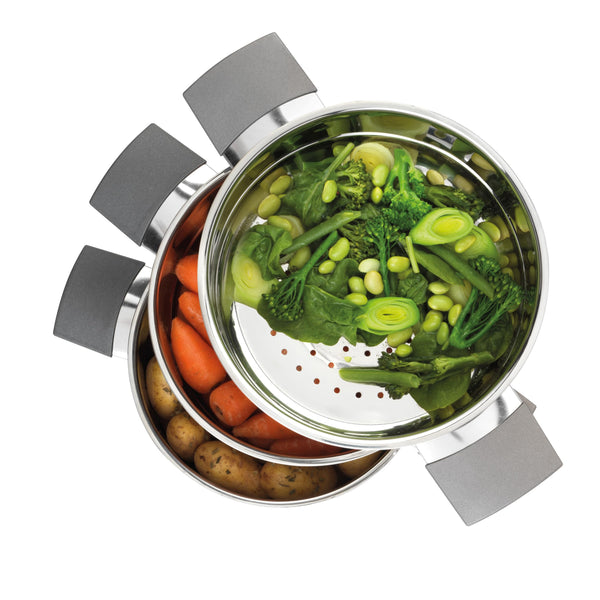 Russell Hobbs RH01170EU Excellence 3 Tier Steamer – 18 cm Cooking Pots with Tempered Glass Lid, Non-Stick Coating, Stainless Steel, Vegetable Steaming Pan, Induction Suitable, Soft Touch Handles