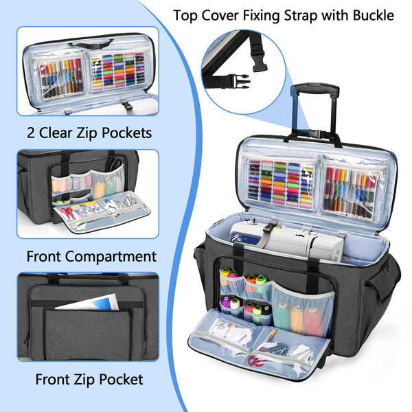 CURMIO Embroidery Sewing Machine Carrying Case with Wheels, Rolling Embroidery Machine Tote Bag with Bottom Support Board for Embroidery Machine and Sewing Supplies, Grey