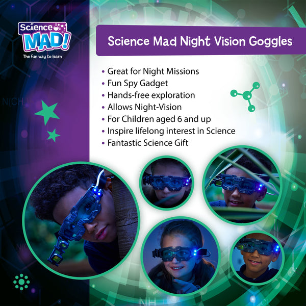 Science MAD! Night Vision Goggles For Kids - For Fun Night Missions - Lightweight, Flip Out Scope, 2x Magnification, Twin LED Beams, Blue Lenses, 6+ Years, ‎20 x 10 x 5.5 cm (SM55) , Black