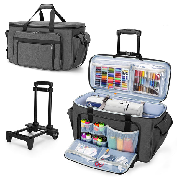 CURMIO Embroidery Sewing Machine Carrying Case with Wheels, Rolling Embroidery Machine Tote Bag with Bottom Support Board for Embroidery Machine and Sewing Supplies, Grey