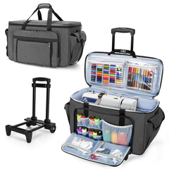CURMIO Embroidery Sewing Machine Carrying Case with Wheels, Rolling Embroidery Machine Tote Bag with Bottom Support Board for Embroidery Machine and Sewing Supplies, Grey