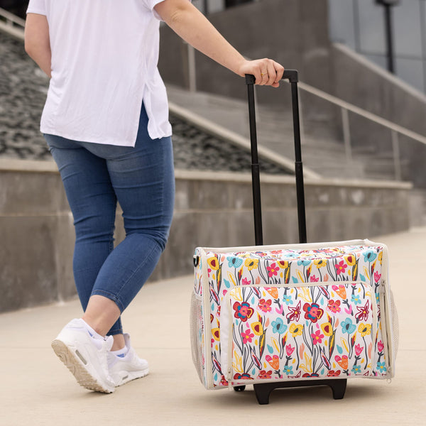 Everything Mary Craft Trolley Bag on Wheels, Cream aand Multi Floral - Craft Organiser on Wheels for Sewing, Scrapbooking, Paper Craft, and Art - Storage Case for Supplies and Accessories -