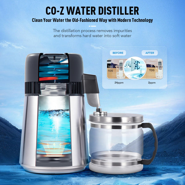 CO-Z Water Distiller, Stainless Steel Distilling Pure Water Machine for Home Countertop Table Desktop, 4L Distilled Water Making Machine, 4 Liter Water Purifier to Make Clean Water for Home,Silver