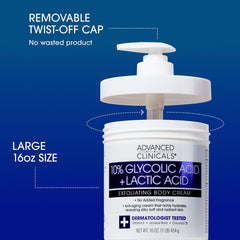 Advanced Clinicals 10% Glycolic Acid + Lactic Acid Lotion Exfoliant Moisturizing Cream With Hyaluronic Acid Moisturizer | AHA Exfoliating Body Cream Improves Look Of Uneven Rough Skin Texture, 16 Oz