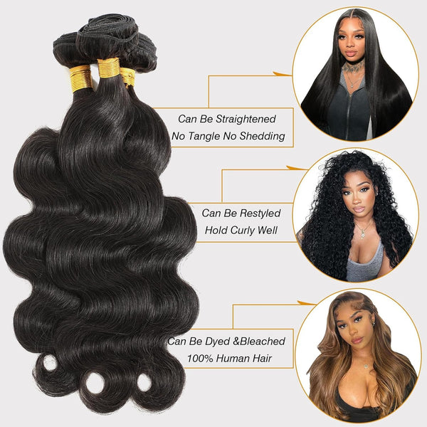 Body Wave Hair 3 Bundles Brazilian Remy Virgin Human Hair Weave Bundles 12A 100% Unprocessed Body Wave Human Hair Extensions Natural Color 10 12 14
