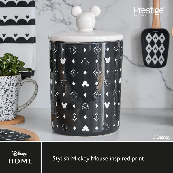 Prestige Disney Monochrome Mickey Mouse Kitchen Canisters Set of 3 - Airtight Ceramic Storage Jars With Lids, Black & White