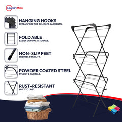 Laundry Mate 3-Tier Clothes Airer with 20 Pegs – Foldable Laundry Drying Rack with Non-Slip Feet - Durable Steel Frame, Extra Large Drying Space - Ideal For Indoor & Outdoor (Black)
