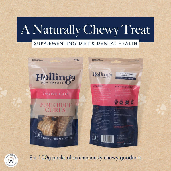 Hollings Beef Curls Dog Treats, All Natural Grain Free & Easily Digestible Air Dried Treats for Adult Dogs, Made From 100% Beef Trachea, 100g - Pack of 8