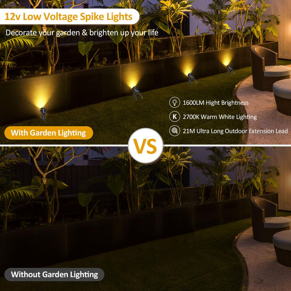 ECOWHO Garden Spotlights Mains, 21m Extendable Outdoor Spike Lights 12V LED Pathway Lighting IP65 Waterproof Electric Garden Uplighter for Path Yard Patio (18W 6-Packs Warm White), Wall/Spike Mounted