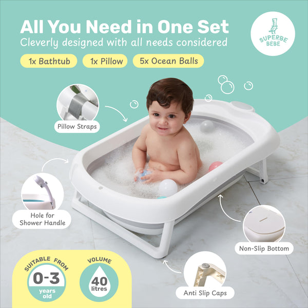 Foldable Baby Bath with Non-Slip Bath Cushion/Bath with Thermometer for Water Temperature Control/from Birth to 3 Years / 5 Plastic Balls (Grey 2)