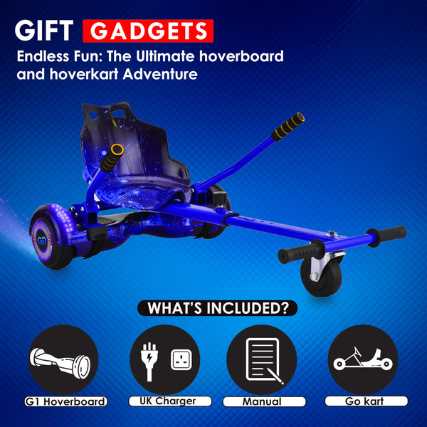 Gift Gadgets G1 Galaxy Blue Hoverboard & Hoverkart Bundle | Self-Balancing 6.5" Scooter with LED Lights & Bluetooth | Hoverboard and Kart Bundle | Hoverboard Go Kart Bundle for Kids, Teens, and Adults