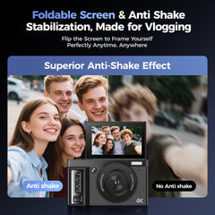 Digital Camera 4K for Photography Vlogging: 64MP Cameras for Video - 16X Zoom Photo Camera Gifts for Teens Ages 8-18 - 180°Flip Screen Compact Cámara - Point and Shoot Digital Cameras for Youtube
