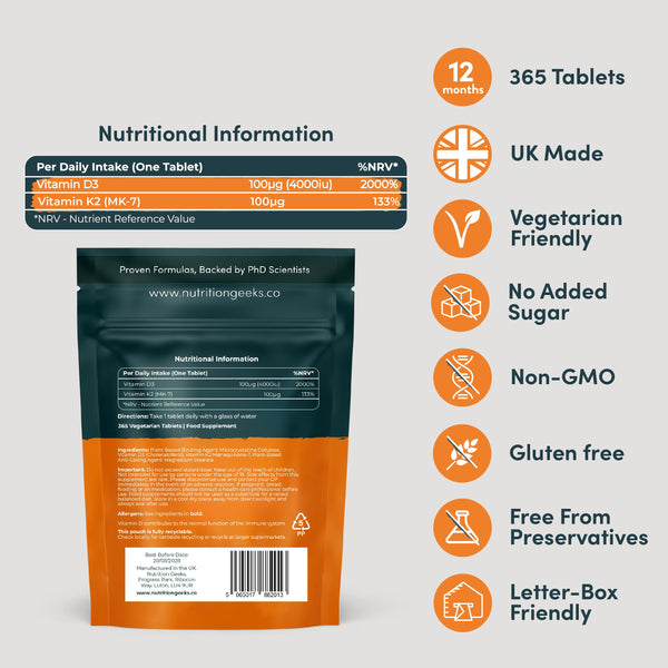 Vitamin D Tablets 4000 iu & Vitamin K2 MK7 100μg Vitamin D3-1 Year Supply
