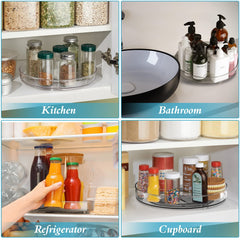QIZENME Lazy Susan Turntable Cupboard Organiser, 2 Pcs Rotating Spice Rack Clear Cosmetic Makeup Organiser Spinning Kitchen Organiser for Cabinet, Pantry, Fridge, Countertop 23CM+27CM