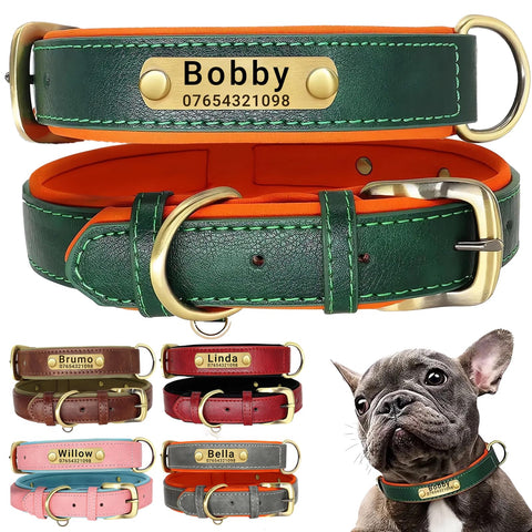 SEOUGEE Genuine Leather Dog Collar Personalised, Soft Padded Leather Dog Collars Heavy Duty with Custom Engraved Name Plate Adjustable for Small Medium Large Dogs (XS, Green 18-27cm)