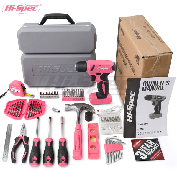 Hi-Spec 57pc Pink Hand Tool Kit Set with 8V USB Cordless Electric Screwdriver, Drill Bits Set, Tool Box for Home & Office DIY Repair and Maintenance - Comprehensive Tool Kit and Tool Set