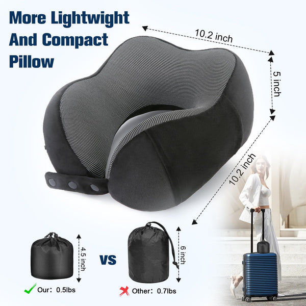 Cirorld Travel Pillow for Airplane, Neck Pillow for Travel, Memory Foam Travel Neck Pillow for Adults, Adjustable & Compact Flight Pillow, Ergonomic Neck Cushion, With Ear Plugs, Eye Mask, Carry Bag