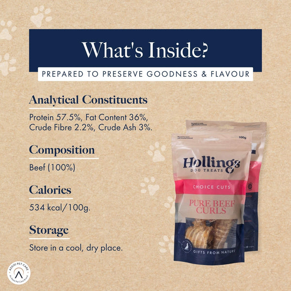 Hollings Beef Curls Dog Treats, All Natural Grain Free & Easily Digestible Air Dried Treats for Adult Dogs, Made From 100% Beef Trachea, 100g - Pack of 8