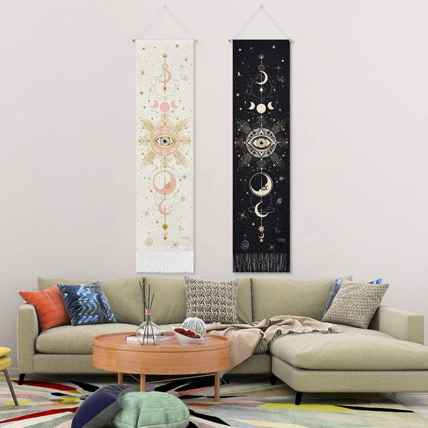 Yugarlibi 2 Pack Sun Moon Tapestry Wall Hangings Black and White Tarot Card Tapestry, Psychedelic Tapestries Cotton Long Wall Art for Bedroom, 130x32.5cm