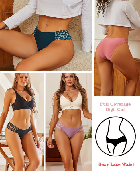 BeReady Seamless Knickers for Women Sexy Lace Seamless Underwear for Women High Cut V-waist No Show Ladies Briefs Panties Multipack