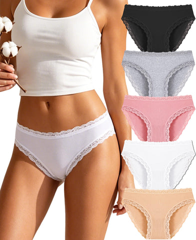ALL OF SHE Cotton Underwear Women 5 Pack Ladies Knickers Multipack Soft Breathable Lace Trim Panties Comfortable Everyday Briefs-M