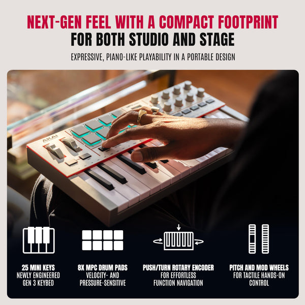 Akai Professional MPK Mini IV USB-C MIDI Keyboard Controller for Beginners and Producers - MPC Drum Pads, 360° Knobs, Pitch and Mod Wheels, Production Software, Native Instruments Sound Package, Grey