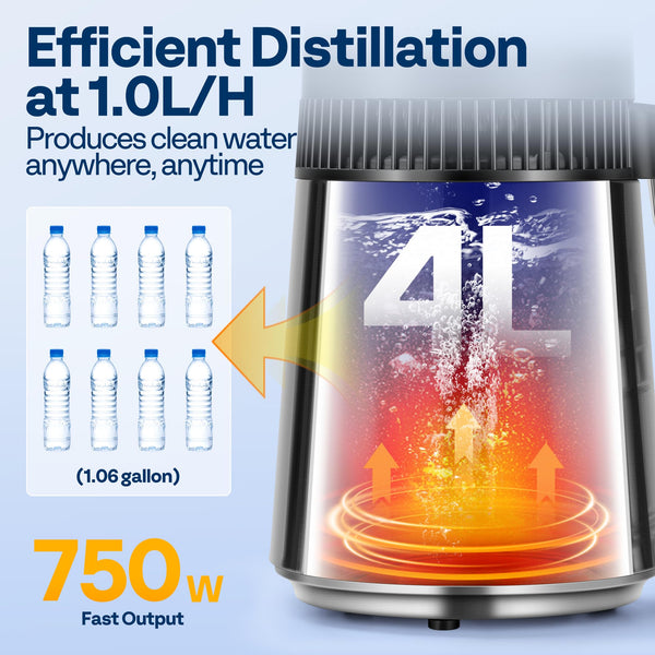 VIVOHOME Water Distiller 304 Stainless Steel 4L BPA Free Countertop Distilling Machine with Glass Container and Smart Switch for Pure Water at Home or Office