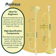 Montreux Student Bb Trumpet for Beginners with Lightweight Protective Carry Case, 7C Mouthpiece - Lacquer Brass, 4.75 inch / 12 cm Bell, B Flat