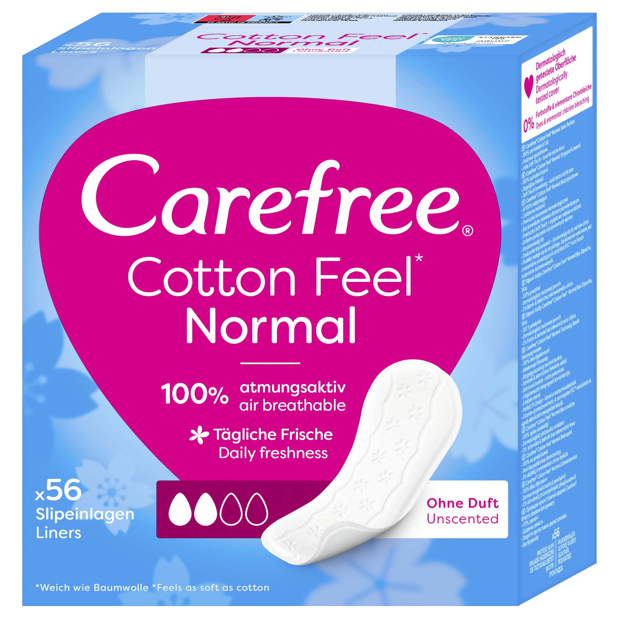 Carefree Cotton Unscented Panty Liners (1x Pack of 56), Soft and Comfortable Panty Liners for Women for Daily Use, Long-Lasting Freshness, 100% Breathable Underwear Protection