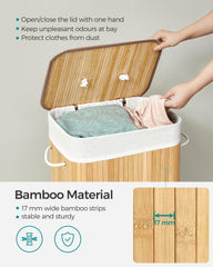 SONGMICS Laundry Basket with Lid 72L Bamboo Foldable Laundry Basket with Removable Washable Bag Handles for Laundry Room Bedroom LCB10Y