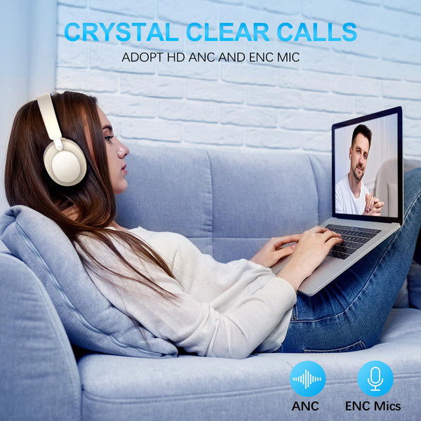 Noise Cancelling Headphones Wireless Bluetooth, Over Ear Headphones Bluetooth with Microphone, Cancelling Wireless Headphone Over Ear, 65h Playtime, Clear Calls, Comfort Fit For Travel (Beige)