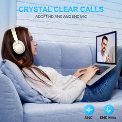 Noise Cancelling Headphones Wireless Bluetooth, Over Ear Headphones Bluetooth with Microphone, Cancelling Wireless Headphone Over Ear, 65h Playtime, Clear Calls, Comfort Fit For Travel (Beige)