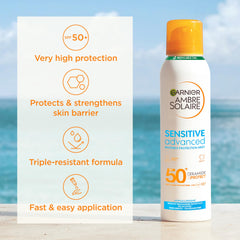 Garnier Ambre Solaire Sun Spray SPF 50+ (150ml) Sensitive Advanced Dry Mist Spray, Water Resistant & Non Greasy Sunscreen, Fragrance Free, UVA & UVB Protection