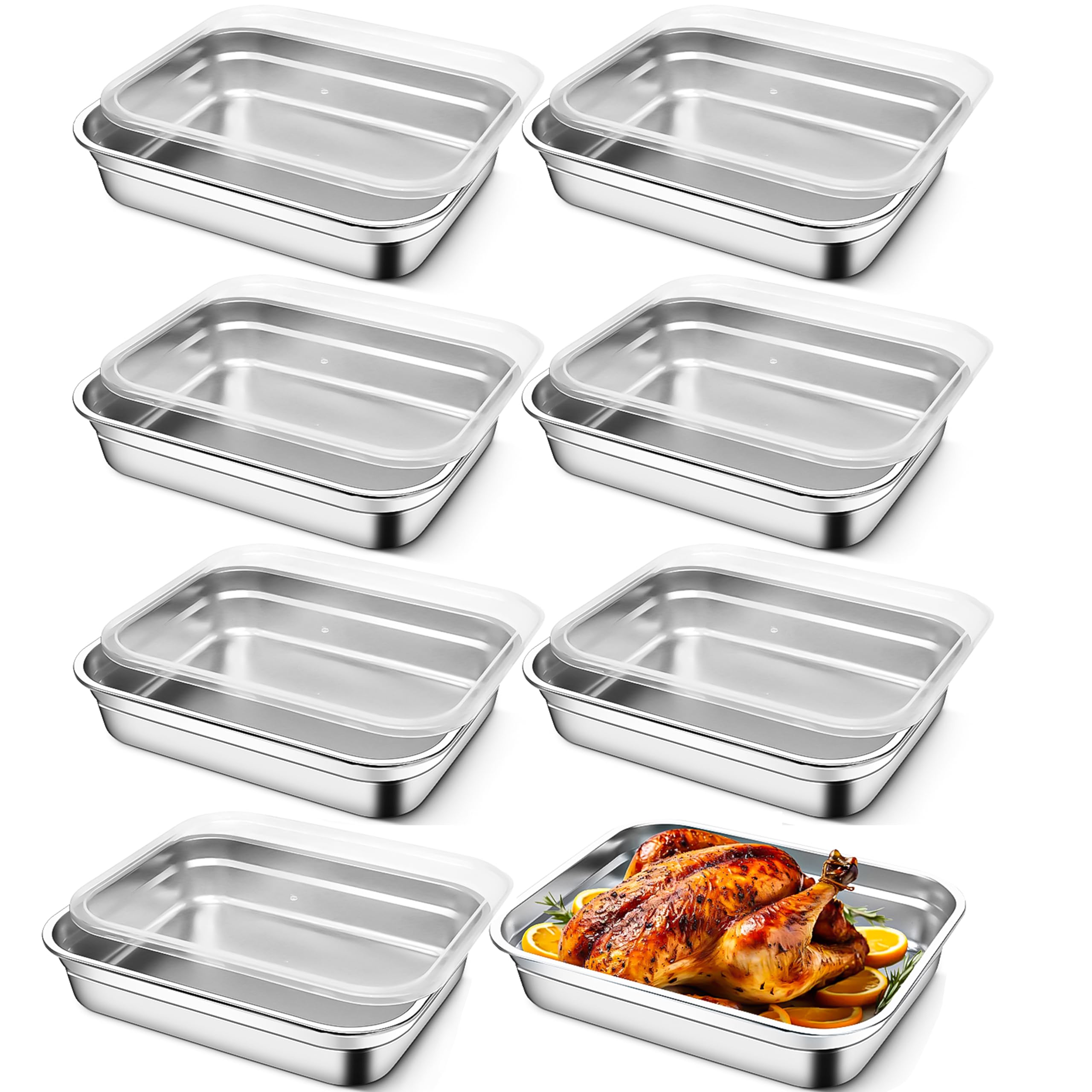 8 Pcs Large Stainless Steel Food Containers with Lids, Rectangle Food Storage Box Bulk, Stackable Meal Prep Container for Kitchen Restaurant Snack Buffet Fruits, Oven Freezer Safe, 32 x 26 x 7 cm