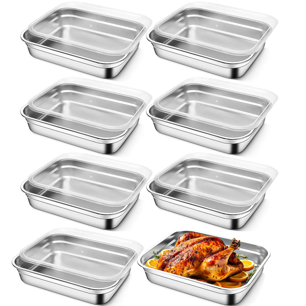 8 Pcs Large Stainless Steel Food Containers with Lids, Rectangle Food Storage Box Bulk, Stackable Meal Prep Container for Kitchen Restaurant Snack Buffet Fruits, Oven Freezer Safe, 32 x 26 x 7 cm