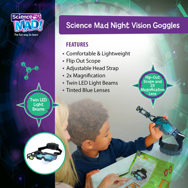 Science MAD! Night Vision Goggles For Kids - For Fun Night Missions - Lightweight, Flip Out Scope, 2x Magnification, Twin LED Beams, Blue Lenses, 6+ Years, ‎20 x 10 x 5.5 cm (SM55) , Black