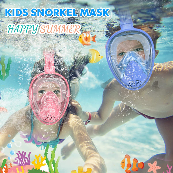 Kids Snorkel Mask Full Face, Snorkeling Gear for Kids 3-14 with Camera Mount, 180 Degree Panoramic View Snorkeling Set Anti-Fog Anti-Leak (Blue+Pink)