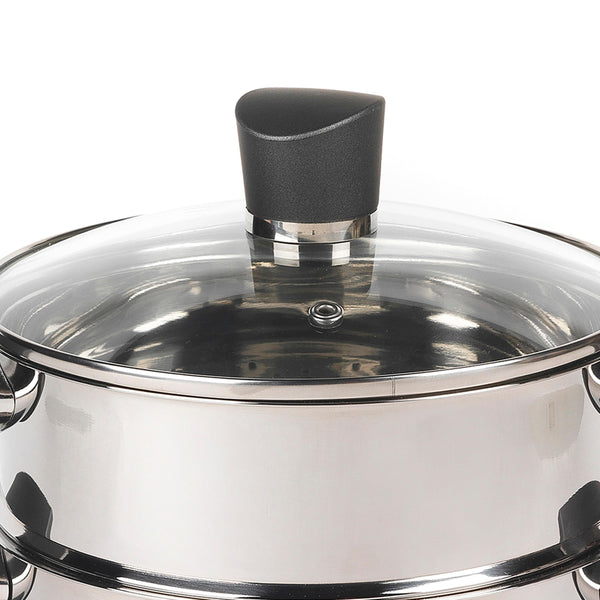 Russell Hobbs RH01170EU Excellence 3 Tier Steamer – 18 cm Cooking Pots with Tempered Glass Lid, Non-Stick Coating, Stainless Steel, Vegetable Steaming Pan, Induction Suitable, Soft Touch Handles